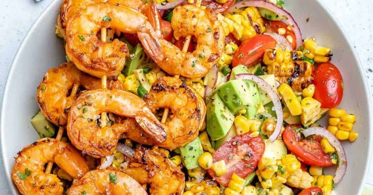 Yummy Grilled Shrimp Bowl with Avocado Corn Salsa and Creamy Sauce